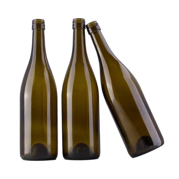 Three green Burgundy wine bottles with consistent bottle shape