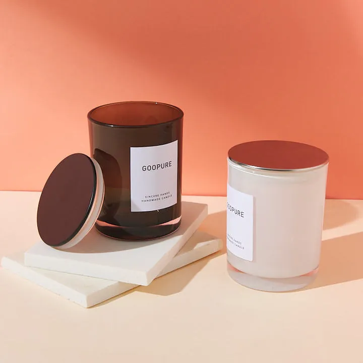 Bocaux à bougies en verre brun et blanc, avec couvercles et étiquettes