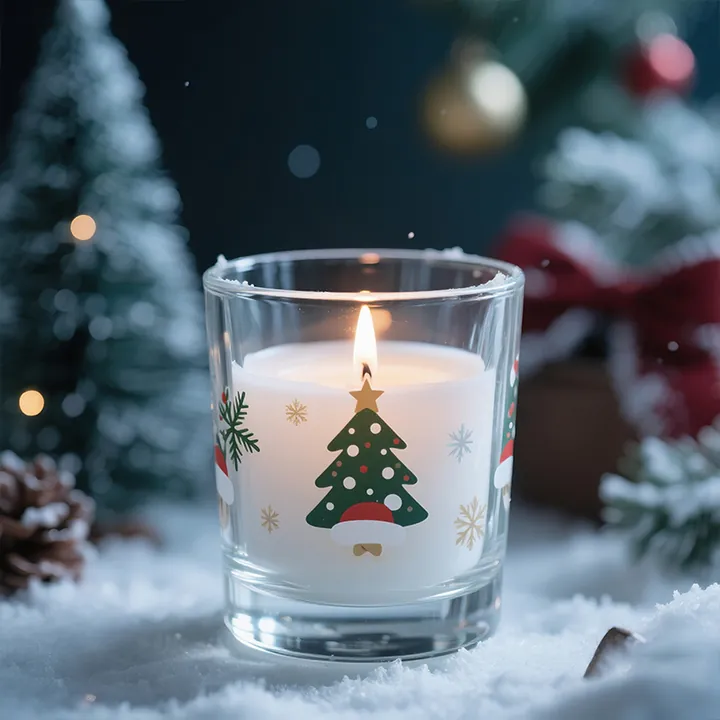 Clear glass candle jar with Christmas tree print and lit candle