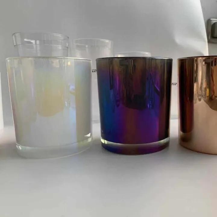 Electroplated glass candle jars in clear dark and metallic colors