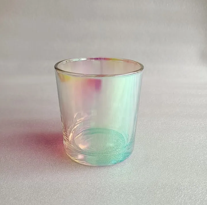 Clear iridescent empty glass candle jar