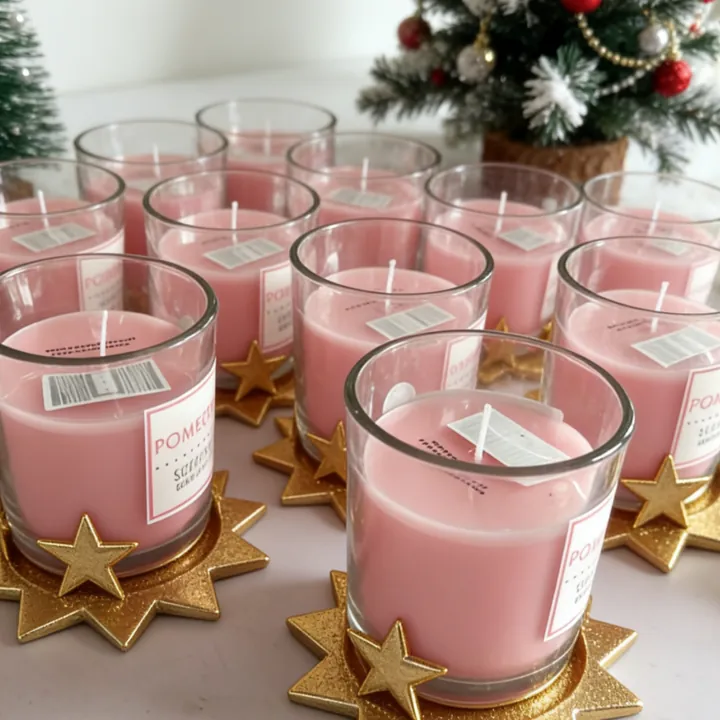 Clear glass candle jars with labels and festive star decoration