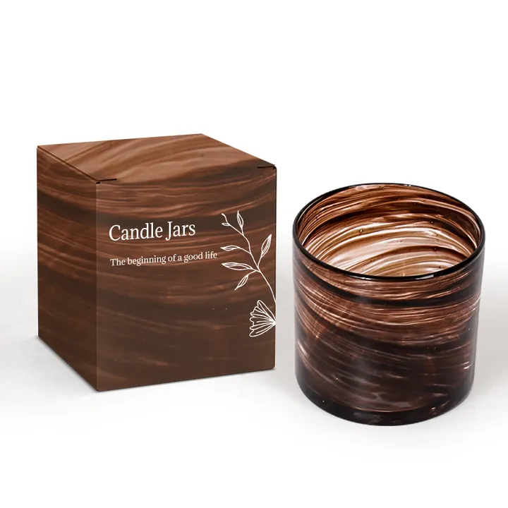 Pot à bougie en verre marbré brun avec coffret cadeau assorti