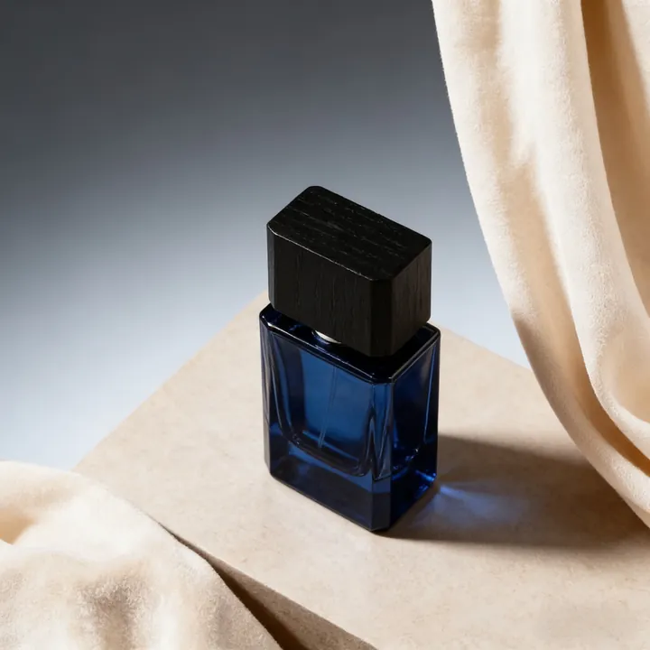 Blue square car diffuser bottle with black wooden cap