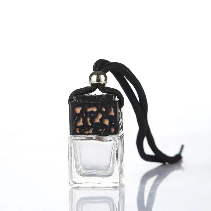 Clear square car diffuser bottle with black metal cap and hanging cord