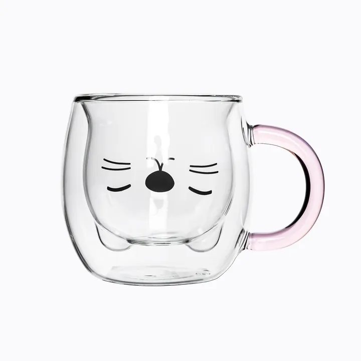 Tasse en verre à double paroi avec une anse rose et un motif imprimé représentant un chat