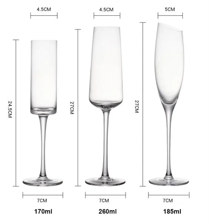 Three champagne glasses in different shapes and sizes