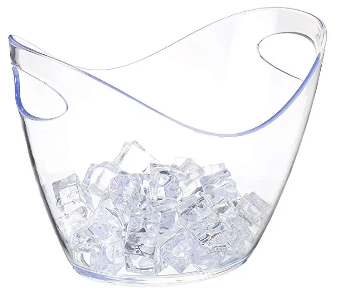 Seau à glace transparent à bord ondulé, avec poignées latérales ovales et glaçons