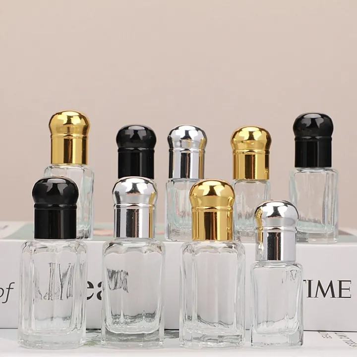 Clear square roll-on perfume bottles with black gold and silver caps