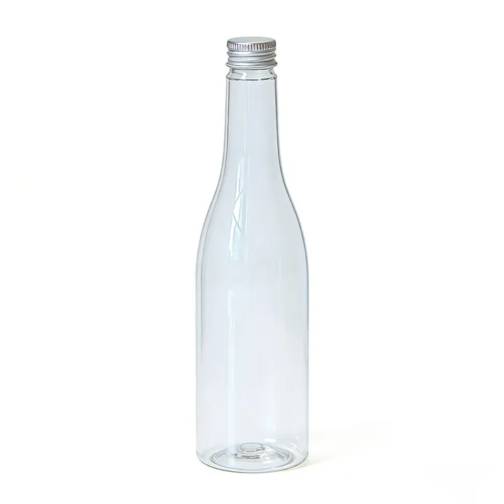 Botella transparente para bebidas de cuello estrecho con tapón de rosca plateado