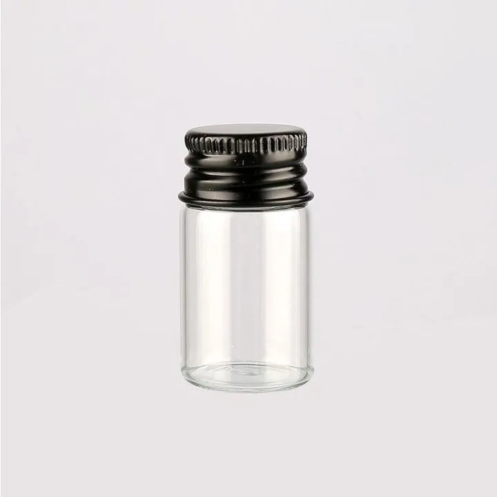 Clear cylindrical glass vial with black metal screw cap