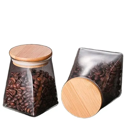 Unique triangular glass jar with bamboo clip lid