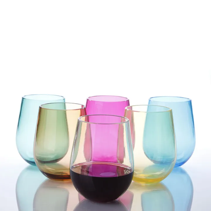 Verres à vin sans pied bleu, rose, ambre et vert