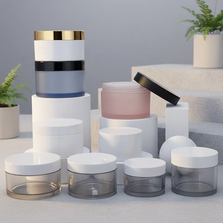 Cream jars in white pink blue and clear styles displayed together