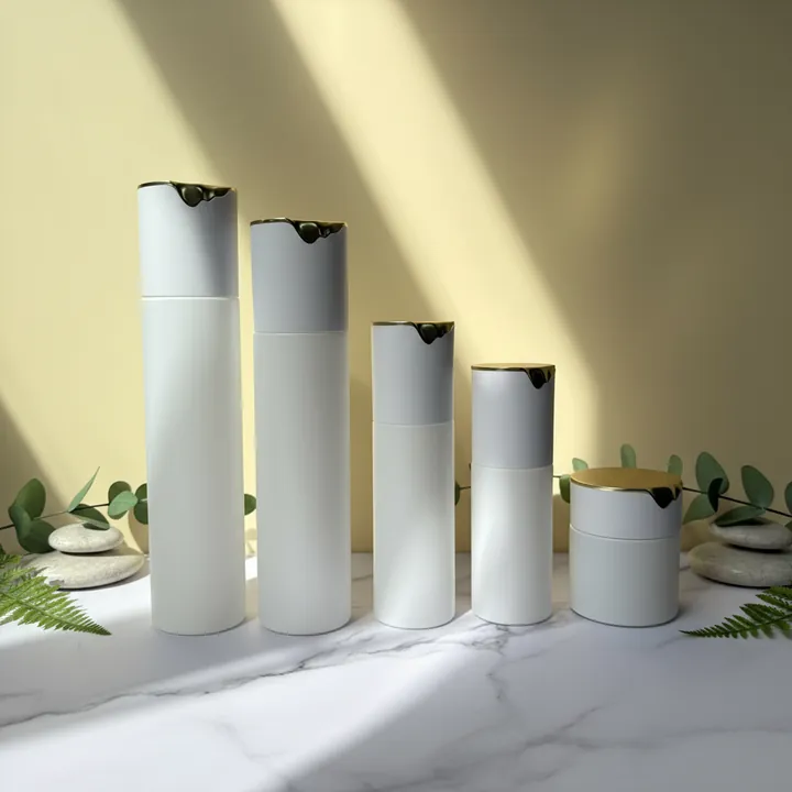 White and gold cosmetic bottles and cream jars with plants and light shadows