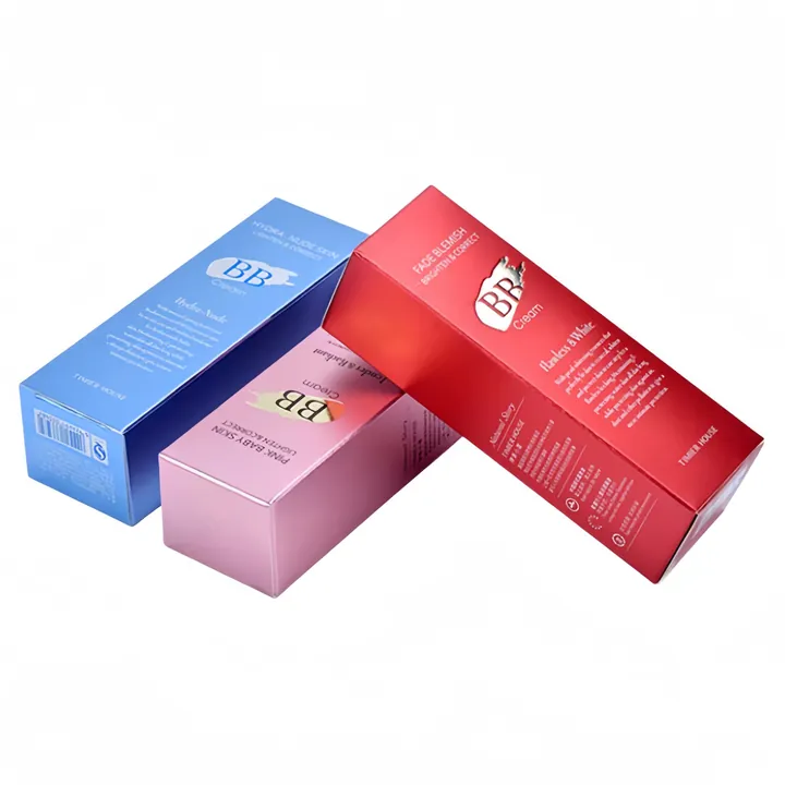 Blue pink red cosmetic packaging boxes in display set