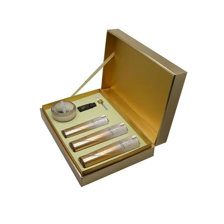 Open cosmetic gift box containing product packaging set