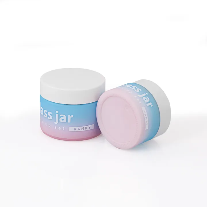 Gradient cosmetic glass jar with printed text and label area