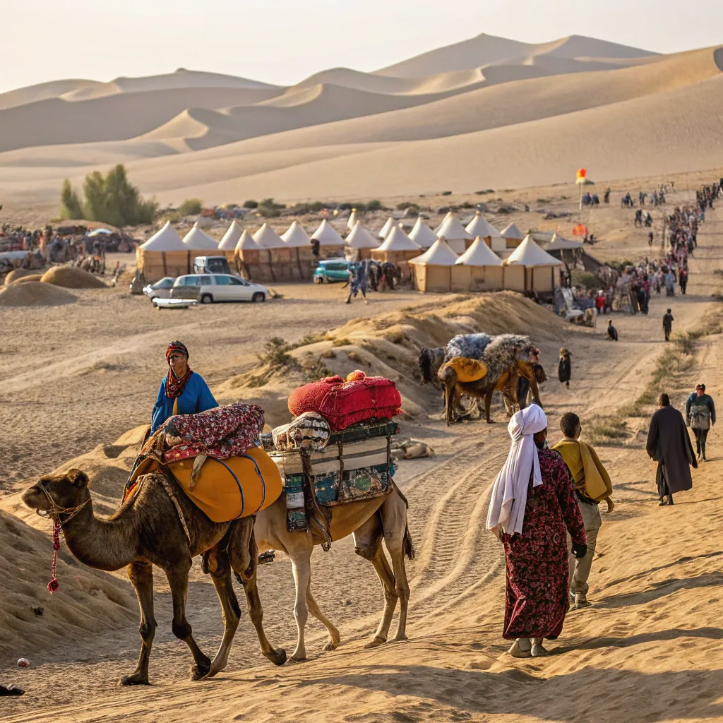 Camel caravan carrying goods through desert landscape with tents and people in the background, under a clear sky.