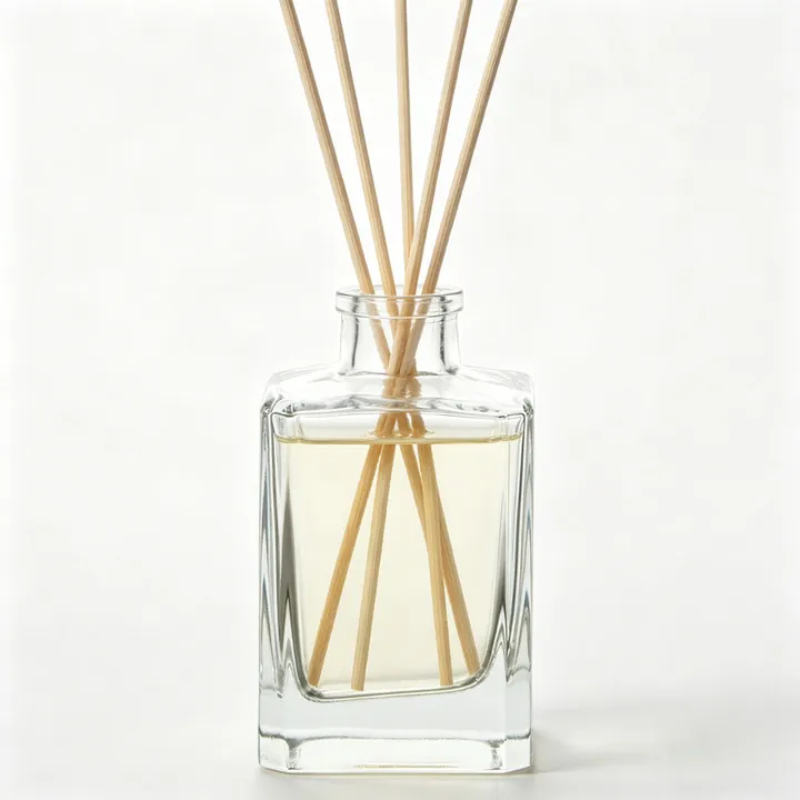 Clear square diffuser bottle with light fragrance liquid and natural reeds