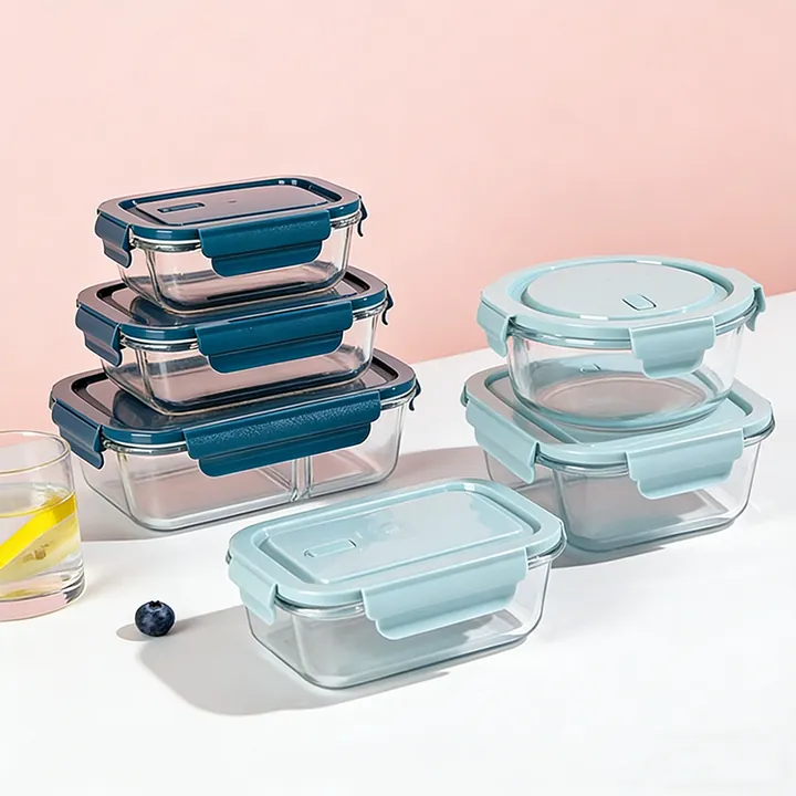 Assorted glass food containers with locking lids
