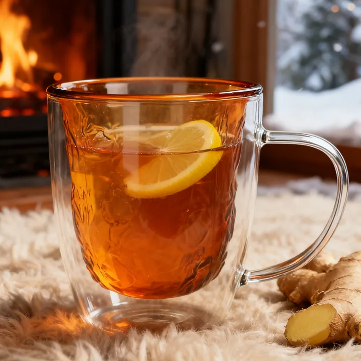 Amber double wall glass mug filled with lemon tea