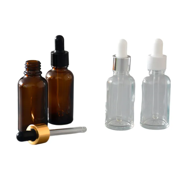 Amber and clear dropper bottles with assorted droppers