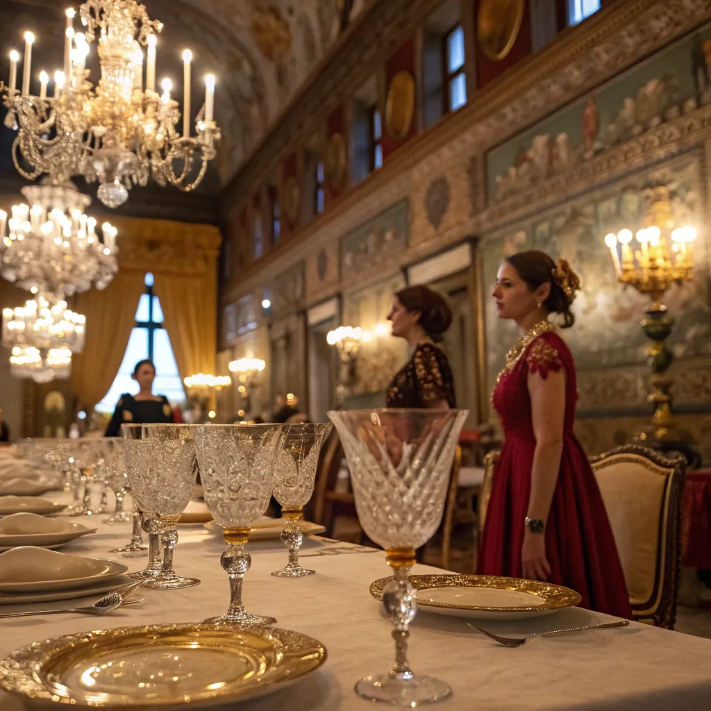 Luxurious ballroom with chandeliers and ornate table settings, including crystal glasses and gold-trimmed plates.