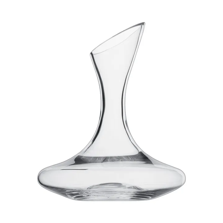 Breite, flachbodige, transparente Weinkaraffe mit schräger Öffnung