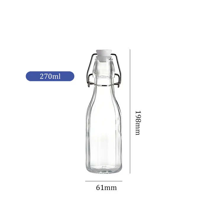 Botella pequeña de cristal transparente con tapón abatible y marcas de nivel