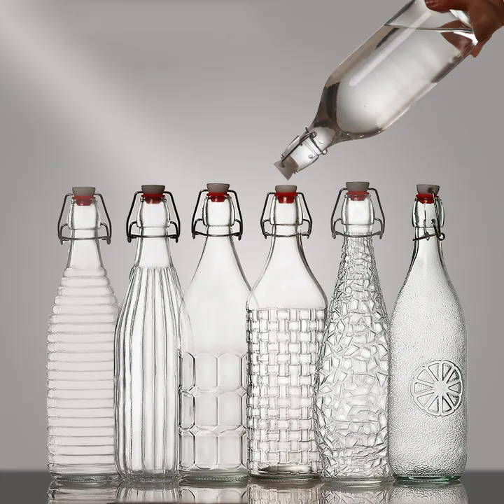 Textured swing top glass bottles with assorted surface patterns