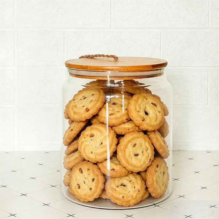 Large clear glass cookie storage jar with bamboo lid and cookies