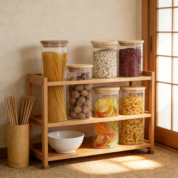Glass food storage jars on a wooden shelf filled with noodles grains and dry foods