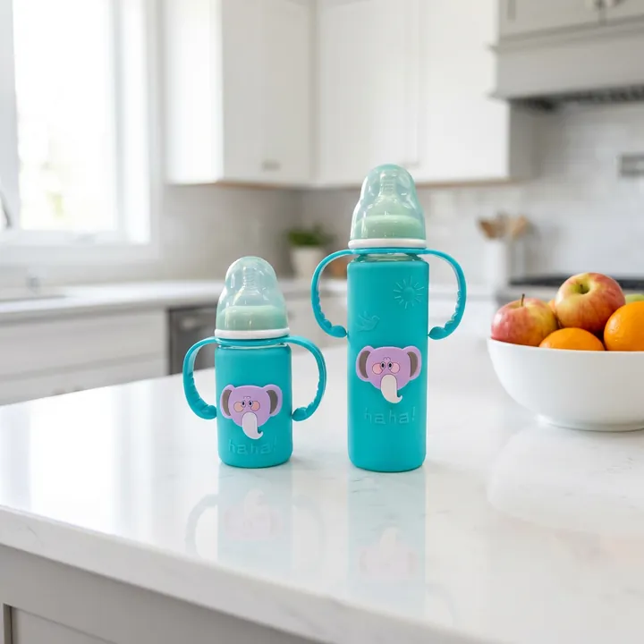 Two glass baby bottles with blue green silicone sleeves and handles