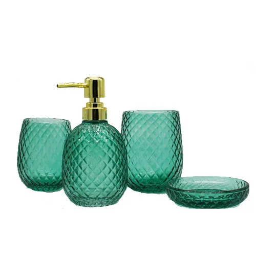 Juego de cuatro piezas para el baño de cristal con textura de rombos verdes