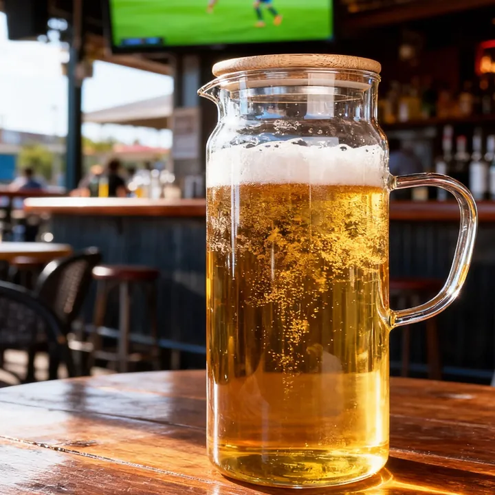 Pichet à bière en verre avec couvercle en bois, posé sur le comptoir du bar