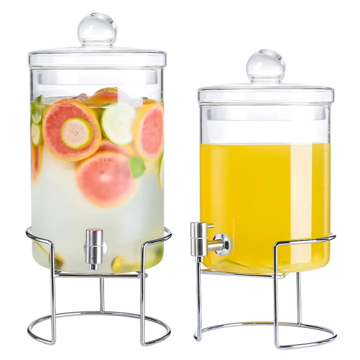 Glass beverage dispensers with lids and metal stands