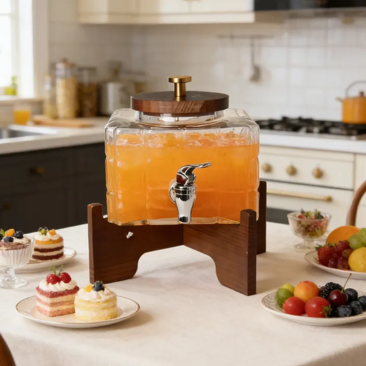 Distributeur de boissons carré à surface texturée, avec couvercle en bois et socle en bois foncé