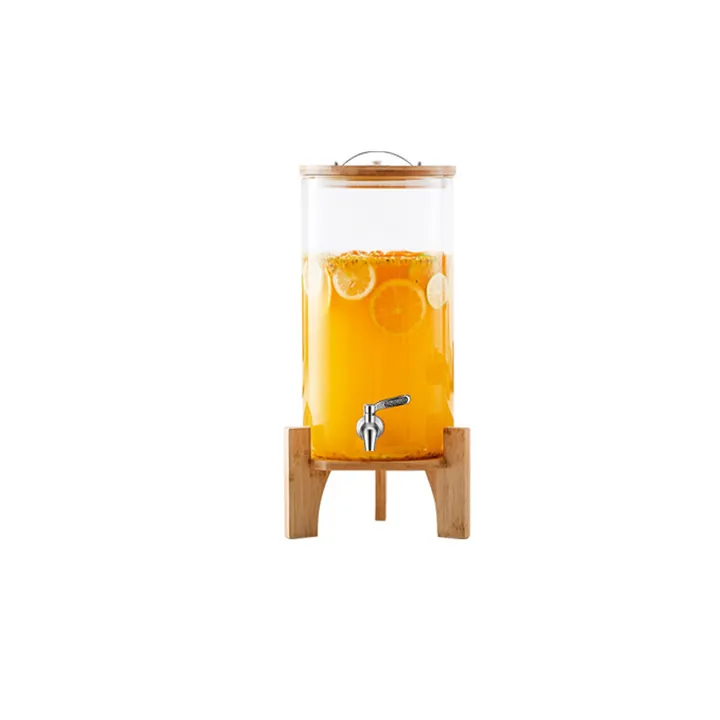 Distributeur de boissons cylindrique avec couvercle en bambou et socle en bois
