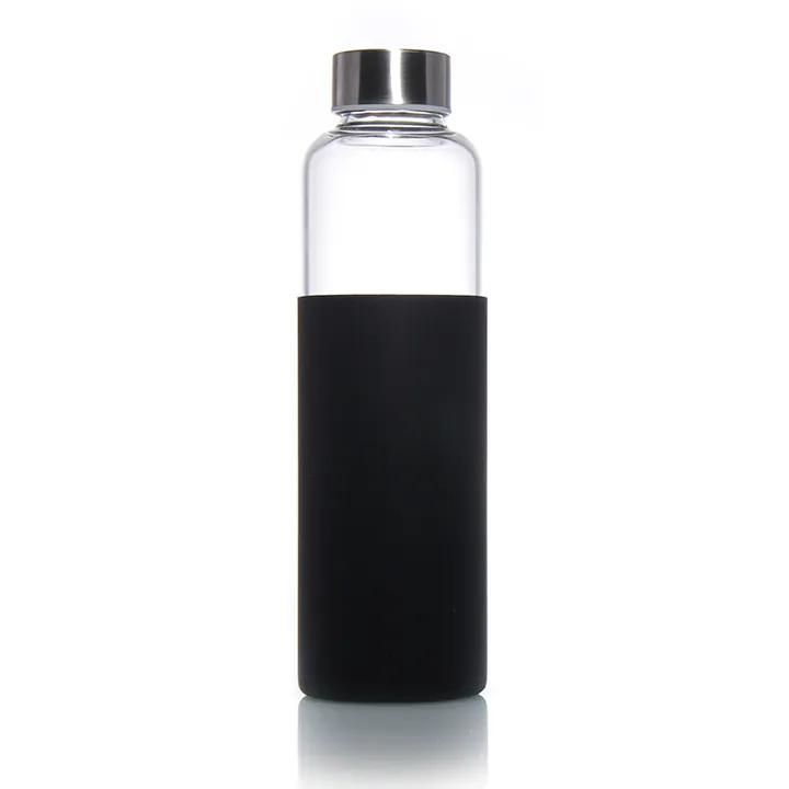 Glass water bottle with black silicone sleeve and metal lid