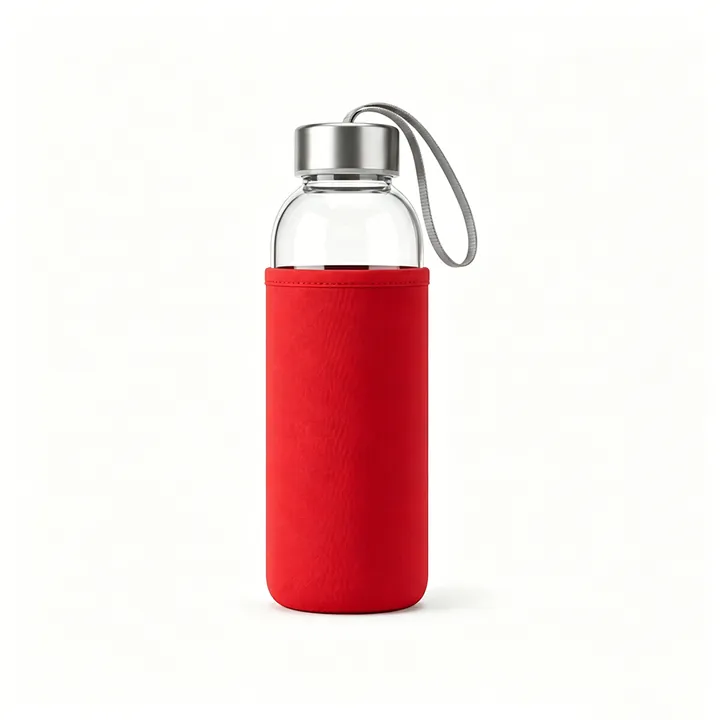 Glass water bottle with red sleeve and carrying strap