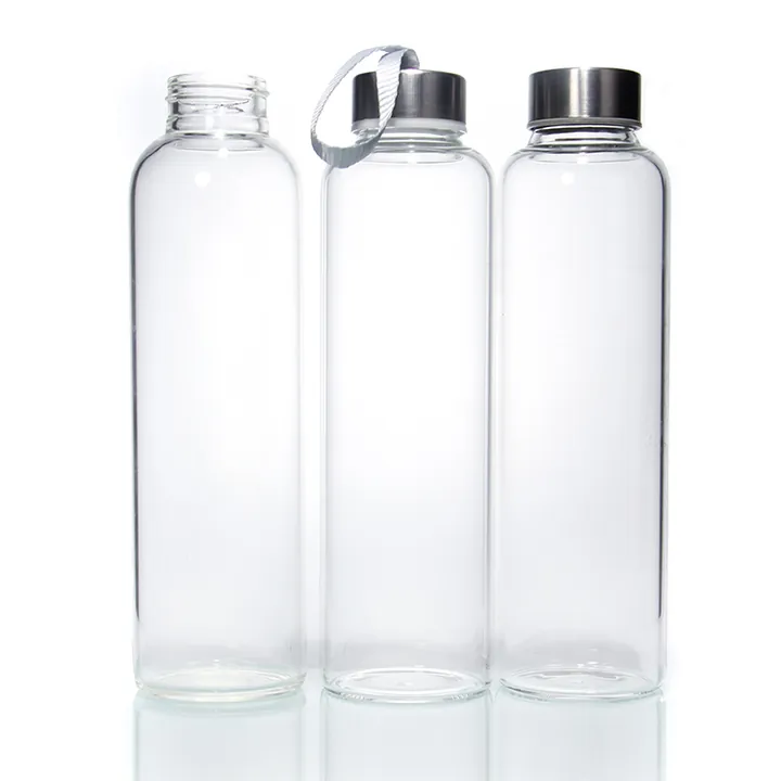 Three glass drinking bottles with silver metal caps