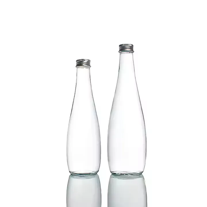 Two slim clear glass beverage bottles with metal lids