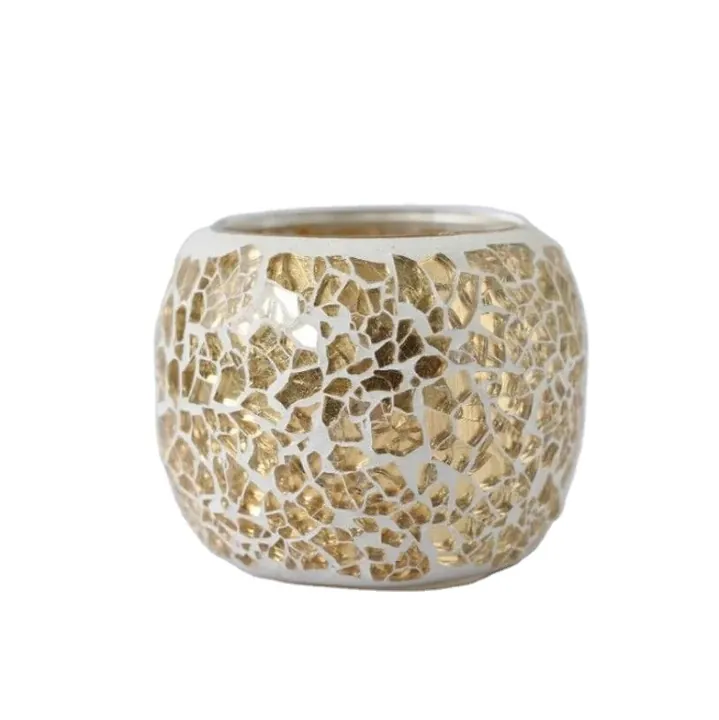 Bougeoir rond en verre orné de morceaux de mosaïque dorés