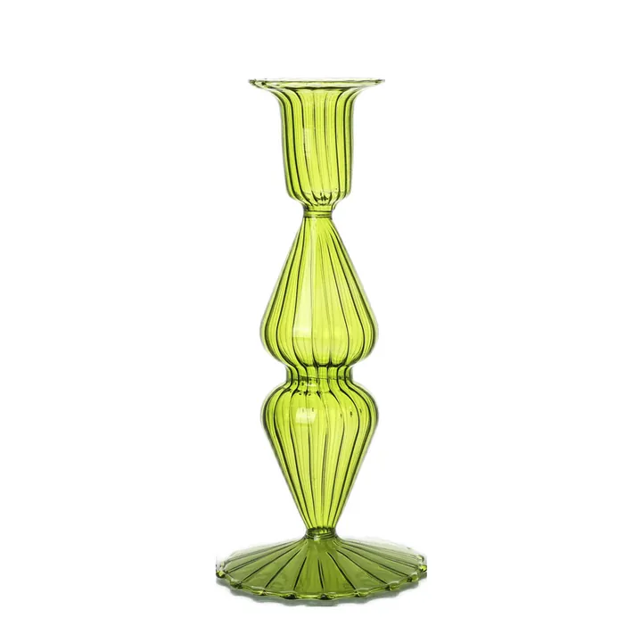 Bougeoir en verre vert transparent à la texture nervurée