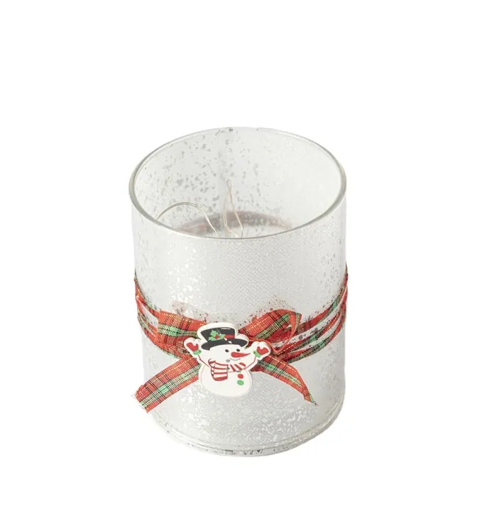 Pot à bougie en verre dépoli orné d'un ruban à carreaux et d'une décoration en forme de bonhomme de neige