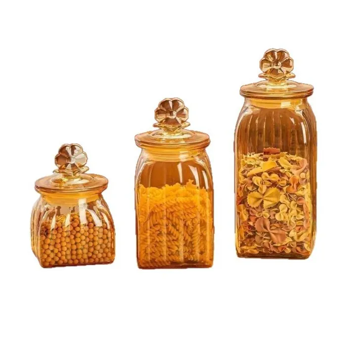 Bocaux de conservation en verre strié couleur ambre, disponibles en trois tailles