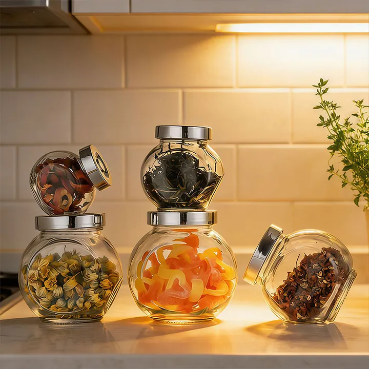 Des bocaux ronds en verre remplis de bonbons, de thé et d'épices dans une cuisine