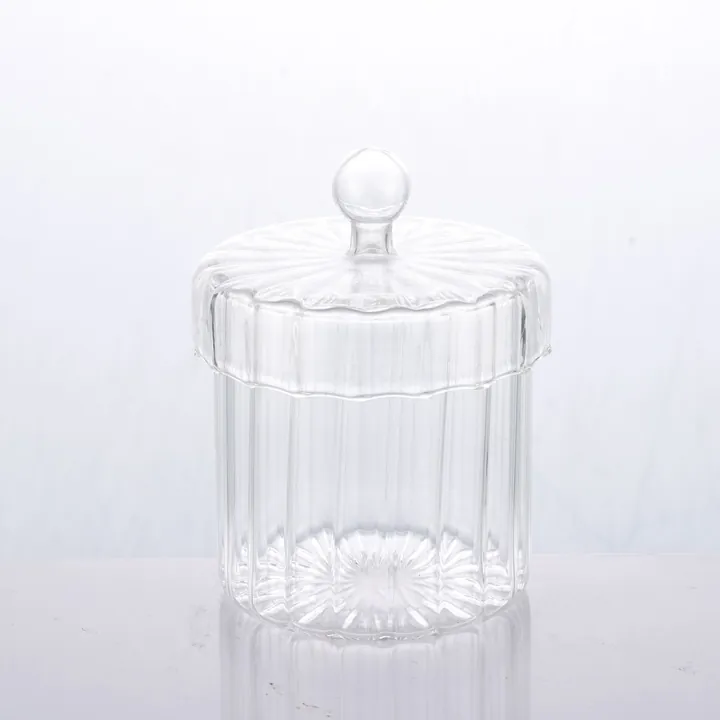 Bocal à bonbons en verre transparent nervuré avec couvercle en verre