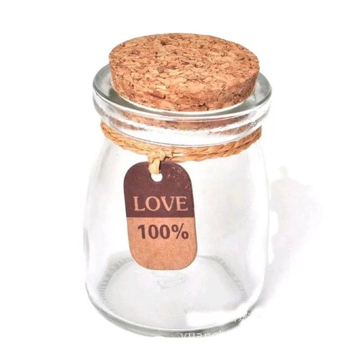 Bocal à bonbons en verre transparent avec bouchon en liège, cordelette et étiquette imprimée